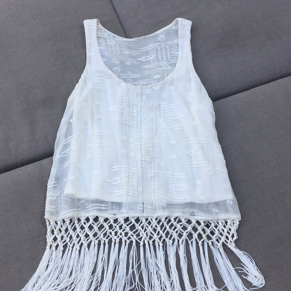 AKIKO White Sheer Silk Boho Fringed Tank - Picture 5 of 8